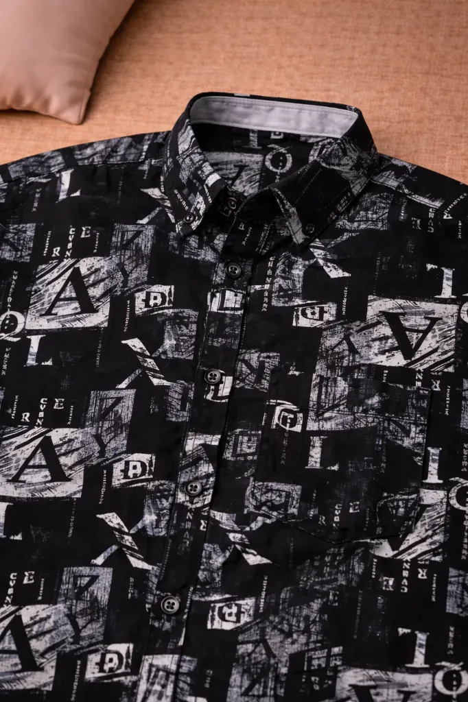 [MS-SH-1024-M] Black Geometric Designer Shirt (M)