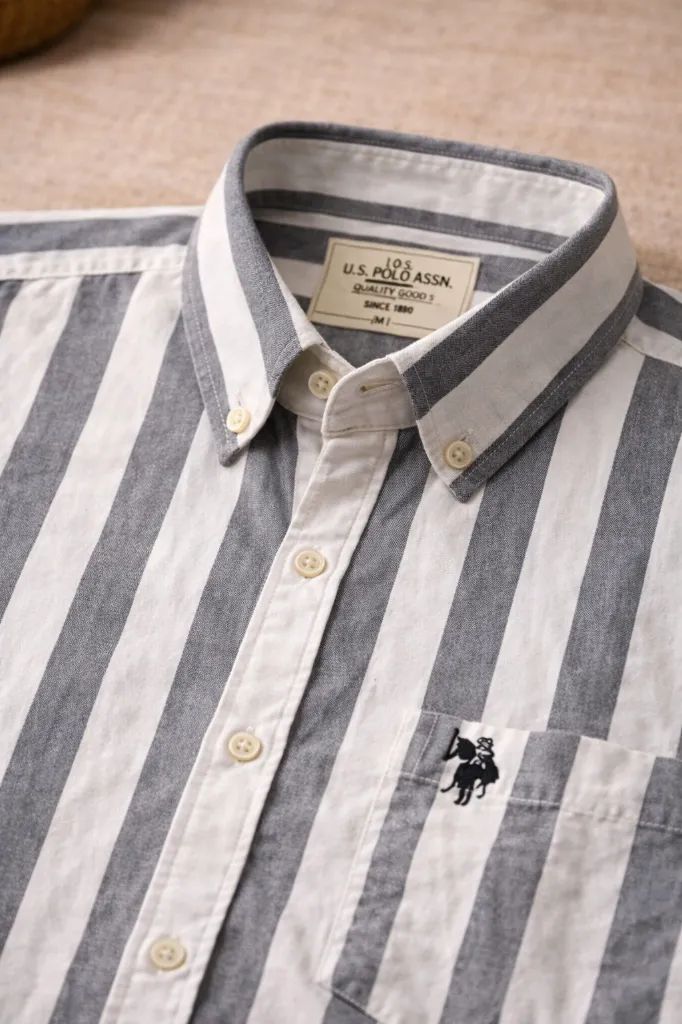 [MS-SH-1002-M] U.S. Polo Grey White Stripe Casual Shirt (M)